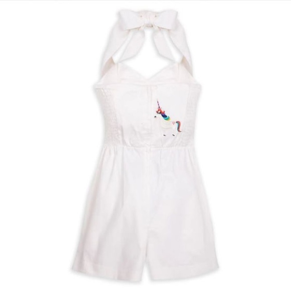 Disney NWT white (inside out) rainbow unicorn women’s large romper neck tie park